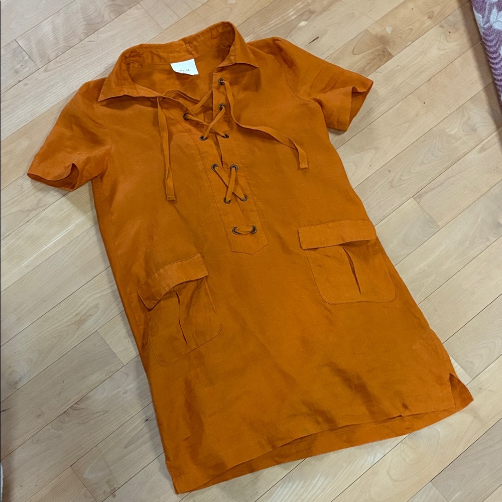 Maeve Lace-Up Short Sleeve Mini Dress in Burnt Orange